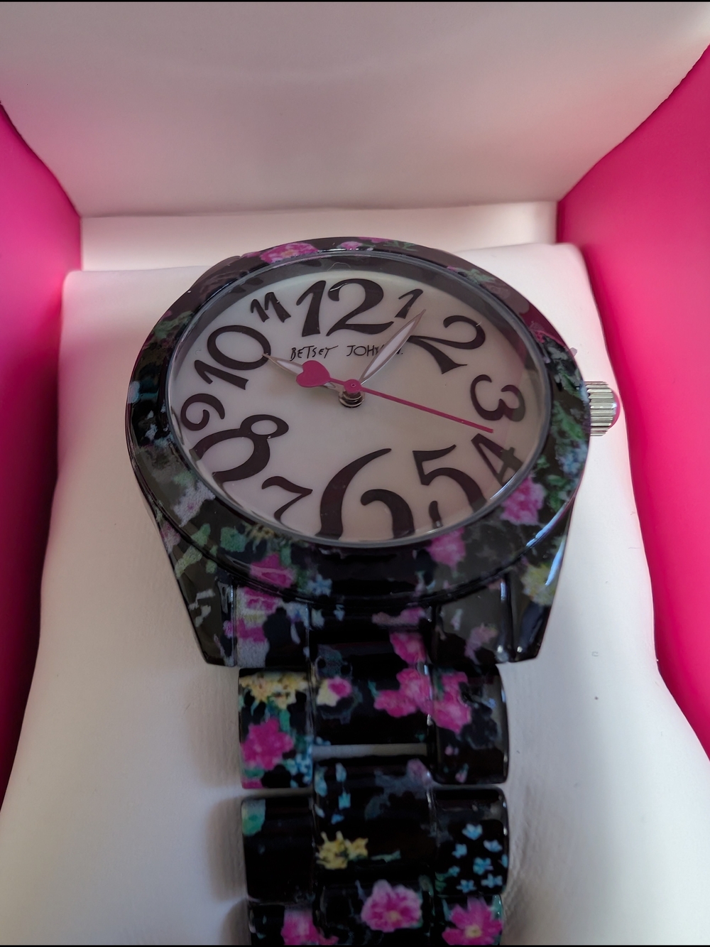 Betsey Johnson Floral Resin Watch - Black with Pink & Green Accents